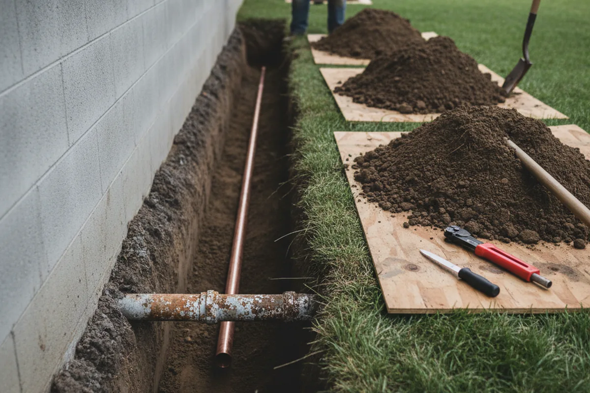 Excavated water line trench during Sewer Line Repair in Fishertown